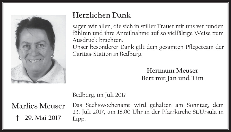  Traueranzeige für Marlies Meuser vom 12.07.2017 aus  Werbepost 