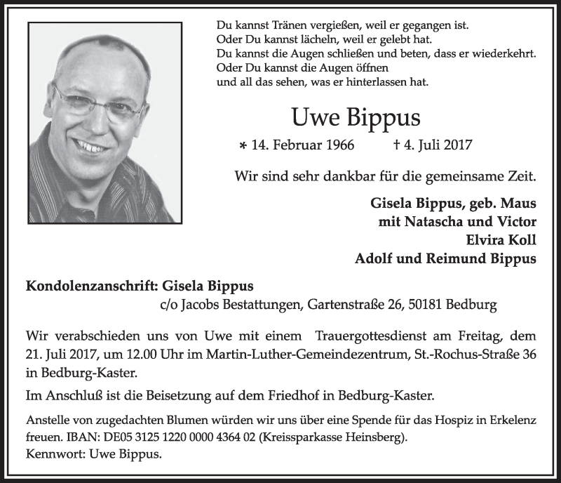  Traueranzeige für Uwe Bippus vom 15.07.2017 aus  Sonntags-Post 