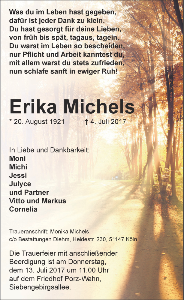 Traueranzeige für Erika Michels vom 12.07.2017 aus  Kölner Wochenspiegel 