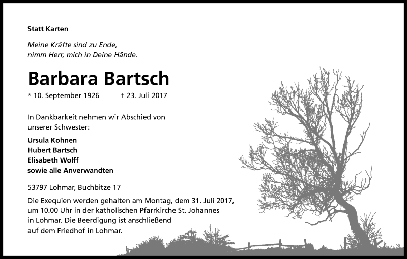  Traueranzeige für Barbara Bartsch vom 26.07.2017 aus Kölner Stadt-Anzeiger / Kölnische Rundschau / Express