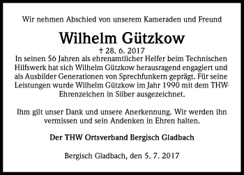 Anzeige von Wilhelm Gützkow von Kölner Stadt-Anzeiger / Kölnische Rundschau / Express