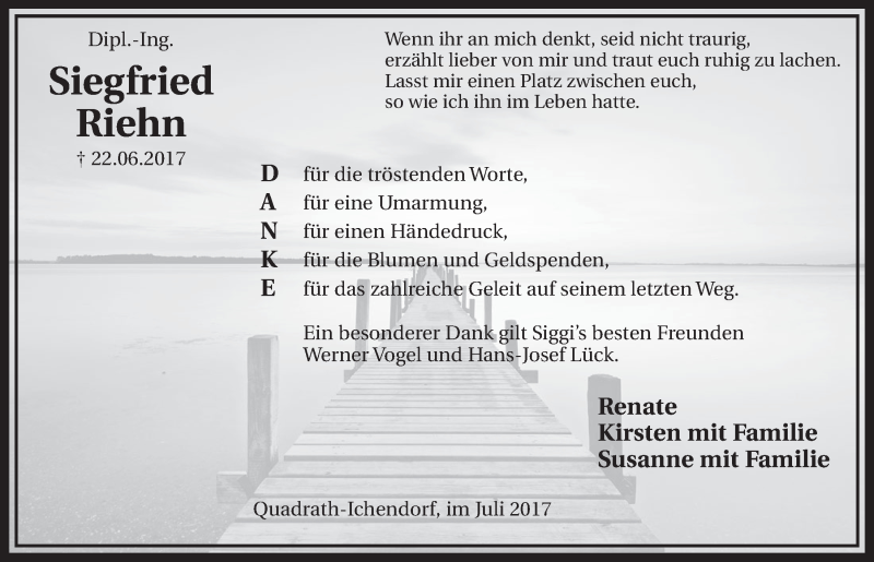  Traueranzeige für Siegfried Riehn vom 15.07.2017 aus  Sonntags-Post 