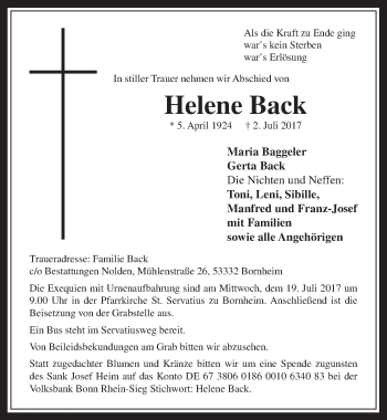 Anzeige von Helene Back von  Schaufenster/Blickpunkt 