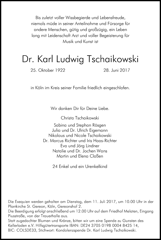  Traueranzeige für Karl Ludwig Tschaikowski vom 05.07.2017 aus Kölner Stadt-Anzeiger / Kölnische Rundschau / Express