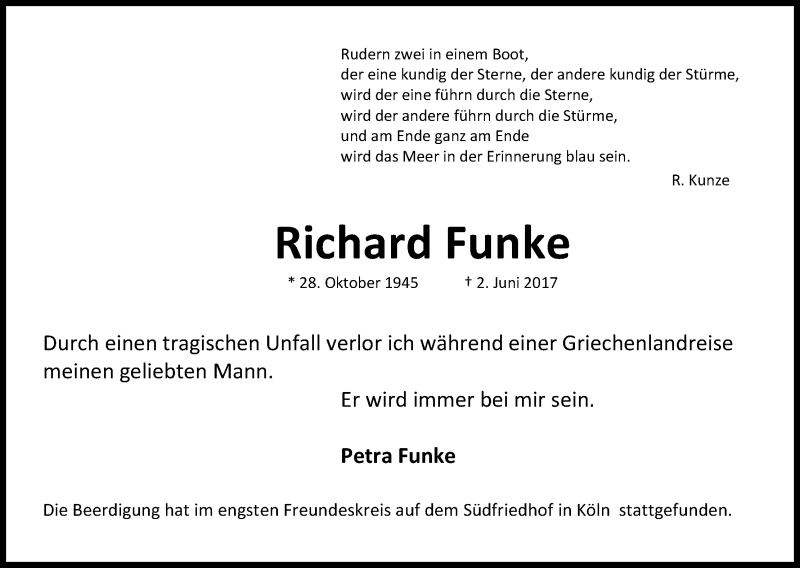  Traueranzeige für Richard Funke vom 08.07.2017 aus Kölner Stadt-Anzeiger / Kölnische Rundschau / Express