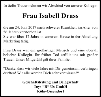Anzeige von Isabell Drass von Kölner Stadt-Anzeiger / Kölnische Rundschau / Express