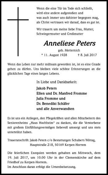 Anzeige von Anneliese Peters von Kölner Stadt-Anzeiger / Kölnische Rundschau / Express