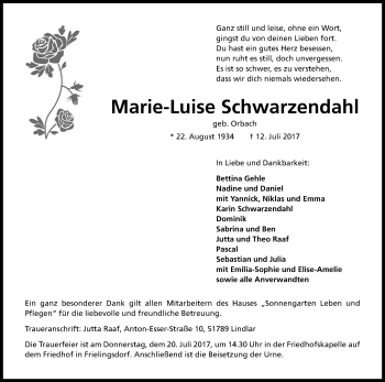 Anzeige von Marie-Luise Schwarzendahl von Kölner Stadt-Anzeiger / Kölnische Rundschau / Express