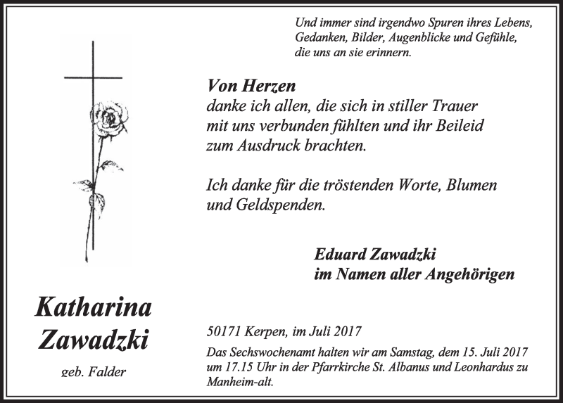  Traueranzeige für Katharina Zawadzki vom 08.07.2017 aus  Sonntags-Post 