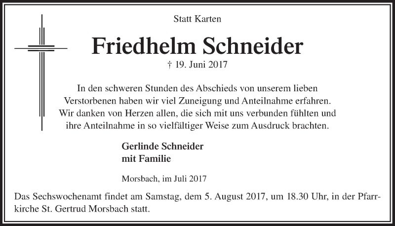  Traueranzeige für Friedhelm Schneider vom 19.07.2017 aus  Lokalanzeiger 