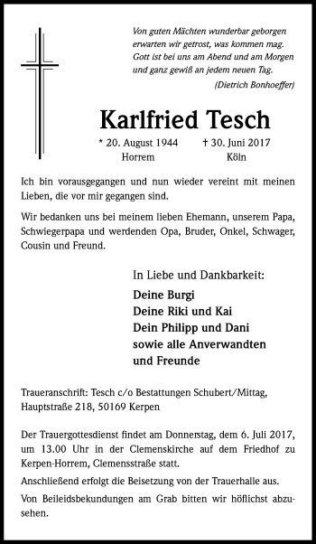 Anzeige von Karlfried Tesch von Kölner Stadt-Anzeiger / Kölnische Rundschau / Express
