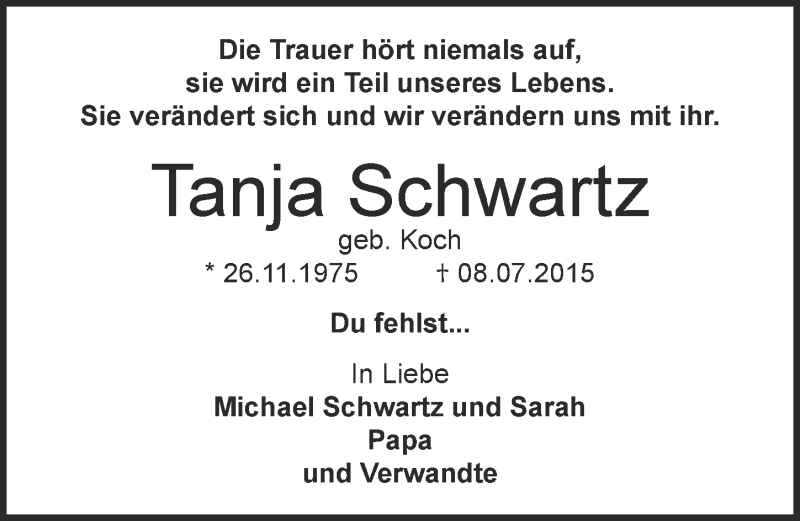  Traueranzeige für Tanja Schwartz vom 05.07.2017 aus  Kölner Wochenspiegel 
