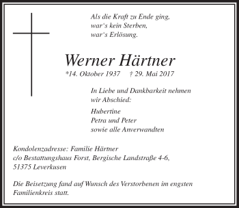 Anzeige von Werner Härtner von  Lokale Informationen 