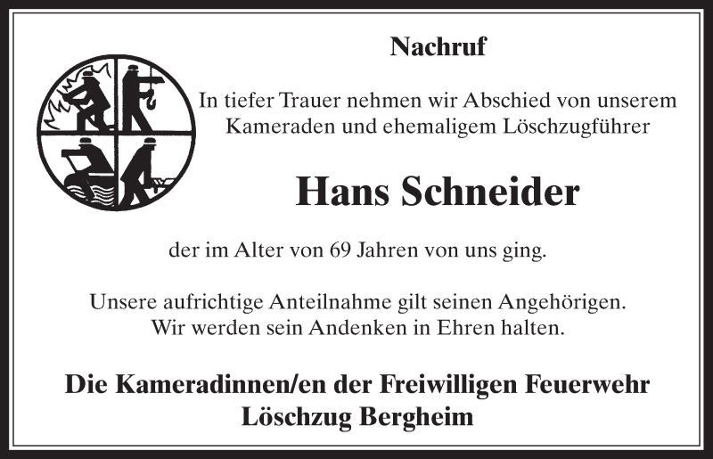  Traueranzeige für Hans Schneider vom 12.07.2017 aus  Werbepost 