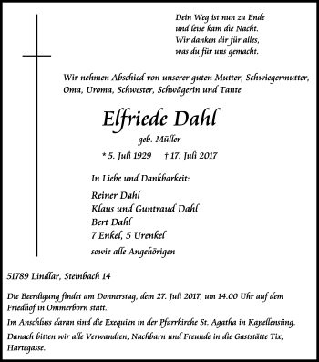 Anzeige von Elfriede Dahl von Kölner Stadt-Anzeiger / Kölnische Rundschau / Express