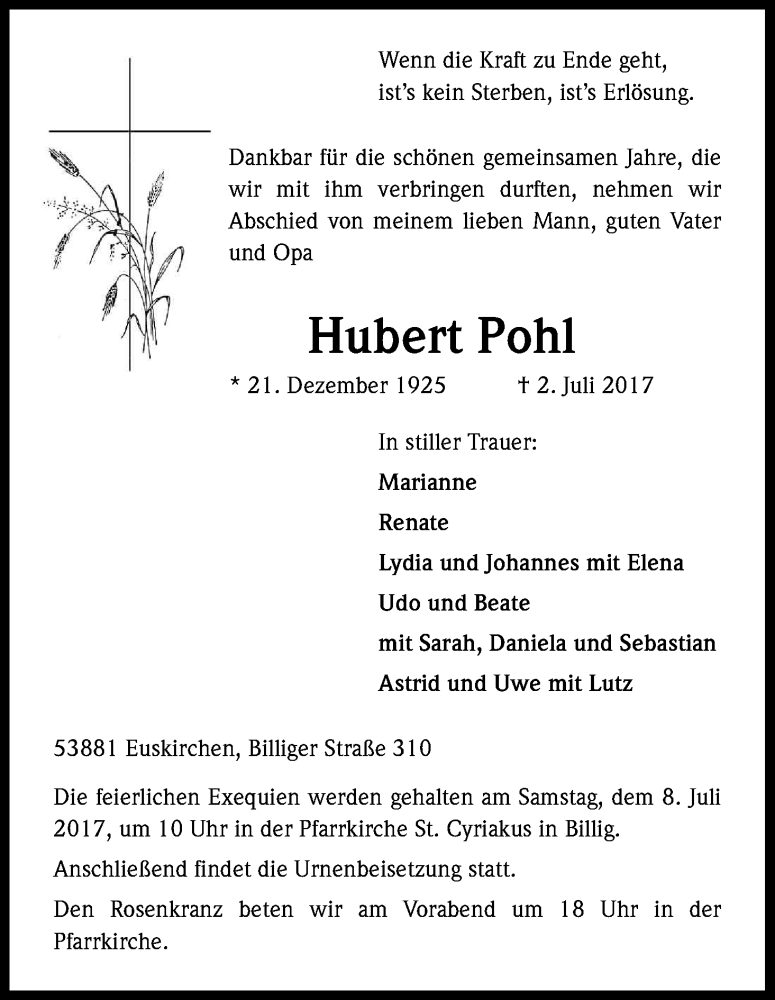  Traueranzeige für Hubert Pohl vom 05.07.2017 aus Kölner Stadt-Anzeiger / Kölnische Rundschau / Express