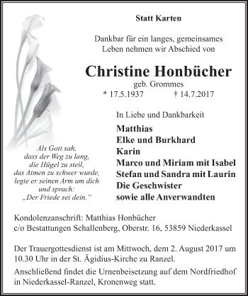 Anzeige von Christine Honbücher von  Extra Blatt 