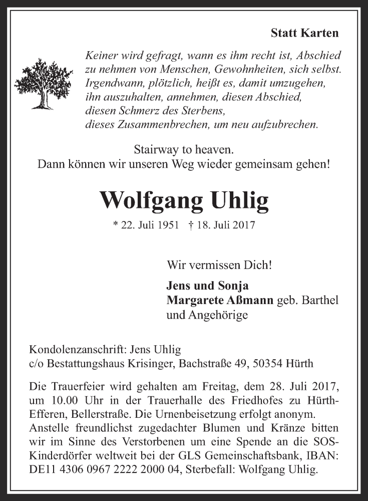  Traueranzeige für Wolfgang Uhlig vom 26.07.2017 aus  Wochenende 