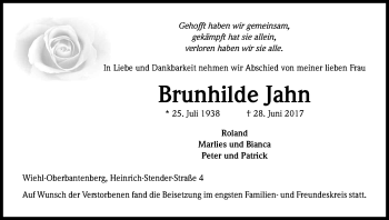Anzeige von Brunhilde Jahn von Kölner Stadt-Anzeiger / Kölnische Rundschau / Express