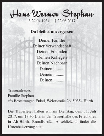Anzeige von Hans-Werner Stephan von  Wochenende 