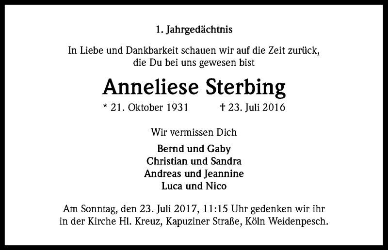  Traueranzeige für Anneliese Sterbing vom 15.07.2017 aus Kölner Stadt-Anzeiger / Kölnische Rundschau / Express