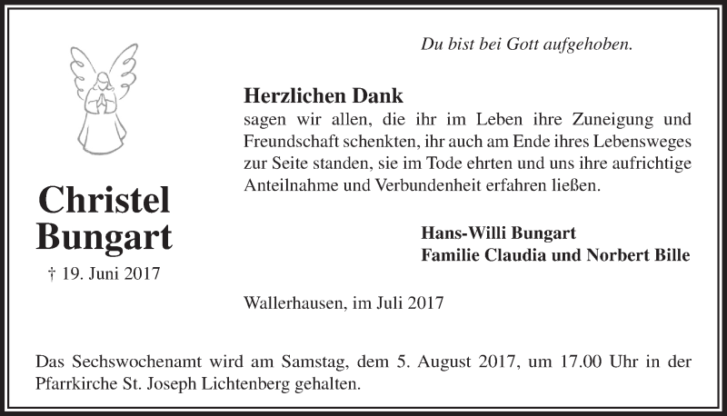  Traueranzeige für Christel Bungart vom 19.07.2017 aus  Lokalanzeiger 