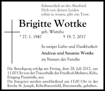 Anzeige von Brigitte Wottke von Kölner Stadt-Anzeiger / Kölnische Rundschau / Express
