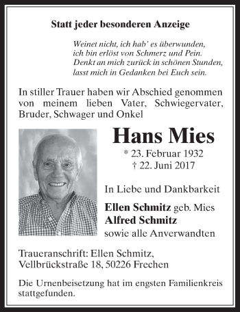 Anzeige von Hans Mies von  Wochenende 