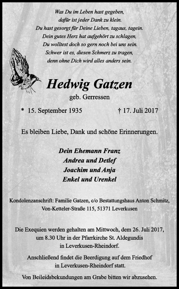  Traueranzeige für Hedwig Gatzen vom 21.07.2017 aus Kölner Stadt-Anzeiger / Kölnische Rundschau / Express