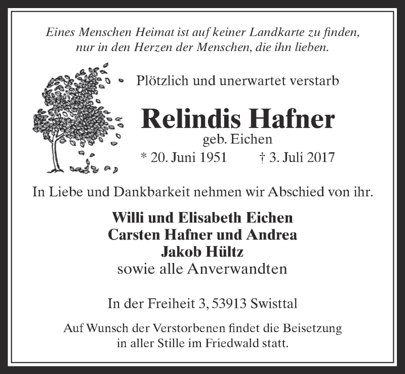  Traueranzeige für Relindis Hafner vom 12.07.2017 aus  Schaufenster/Blickpunkt 