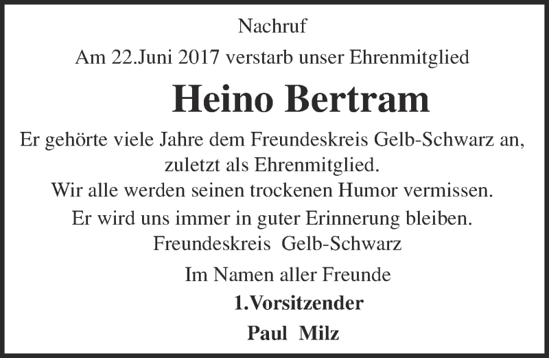 Traueranzeige für Heino Bertram vom 08.07.2017 aus  Blickpunkt Euskirchen 