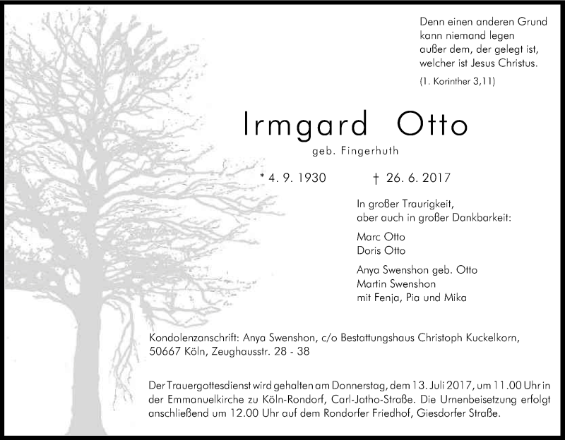  Traueranzeige für Irmgard Otto vom 05.07.2017 aus Kölner Stadt-Anzeiger / Kölnische Rundschau / Express