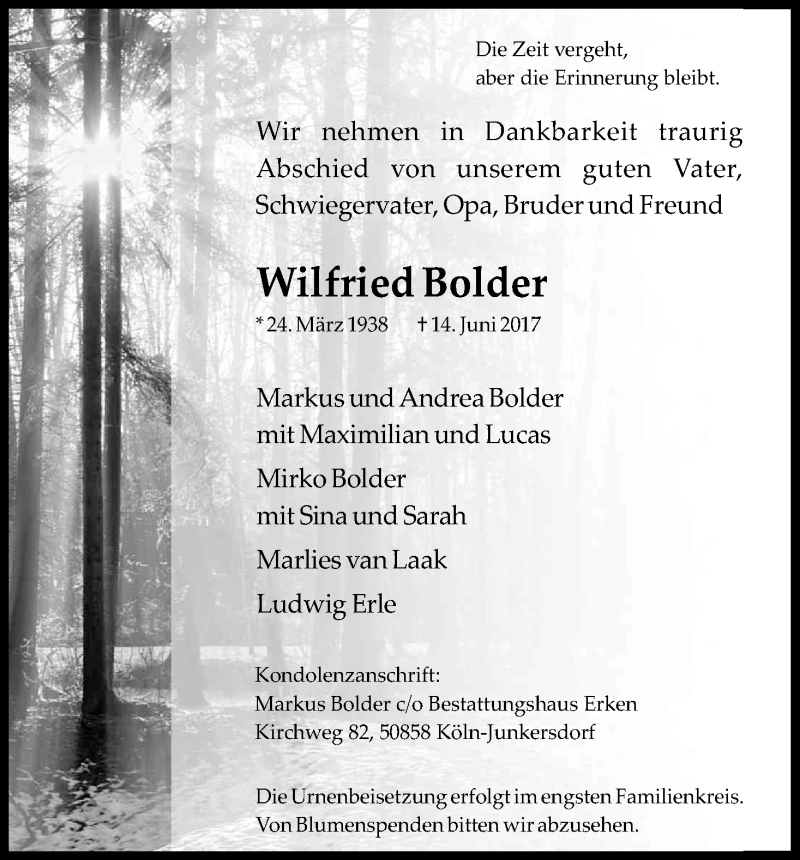  Traueranzeige für Wilfried Bolder vom 08.07.2017 aus Kölner Stadt-Anzeiger / Kölnische Rundschau / Express