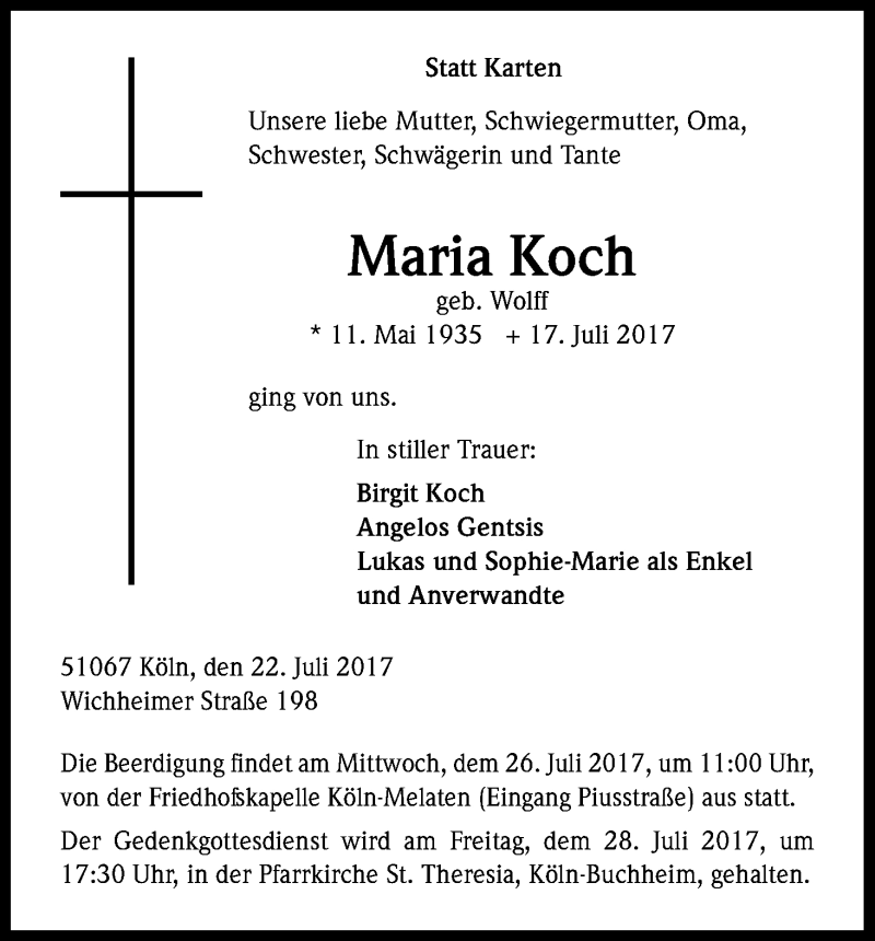  Traueranzeige für Maria Koch vom 22.07.2017 aus Kölner Stadt-Anzeiger / Kölnische Rundschau / Express