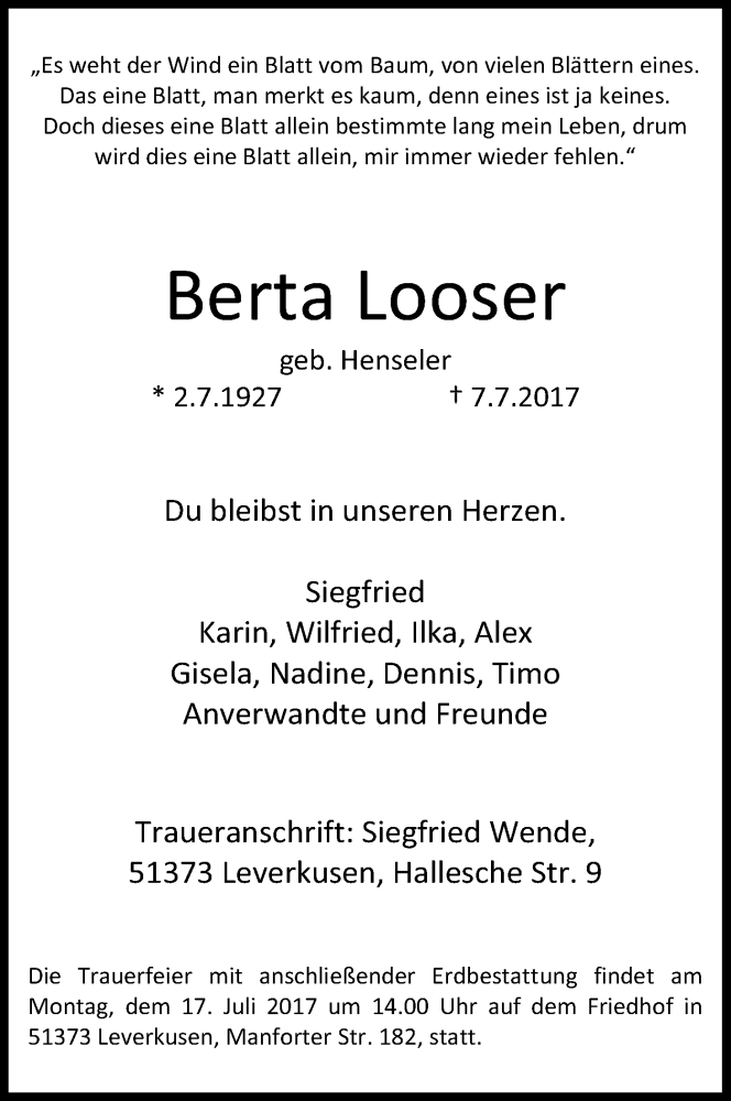  Traueranzeige für Berta Looser vom 13.07.2017 aus Kölner Stadt-Anzeiger / Kölnische Rundschau / Express