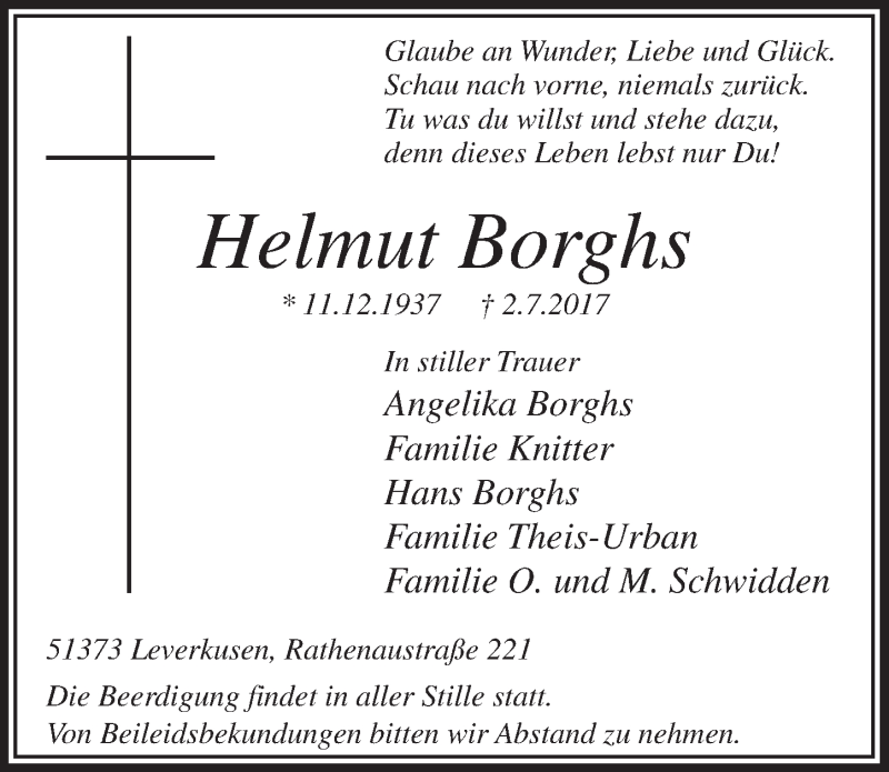  Traueranzeige für Helmut Borghs vom 08.07.2017 aus  Leverkusener Wochenende 