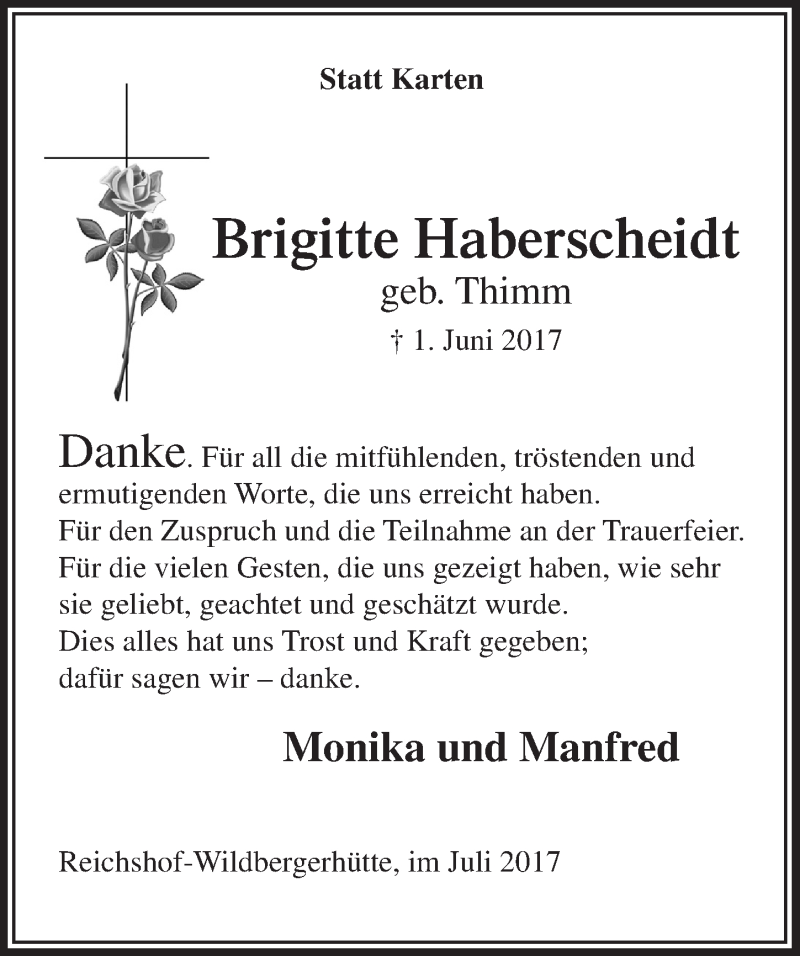  Traueranzeige für Brigitte Haberscheidt vom 19.07.2017 aus  Anzeigen Echo  Lokalanzeiger 