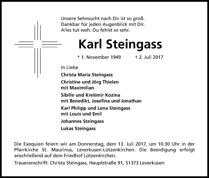  Traueranzeige für Karl Steingass vom 08.07.2017 aus Kölner Stadt-Anzeiger / Kölnische Rundschau / Express