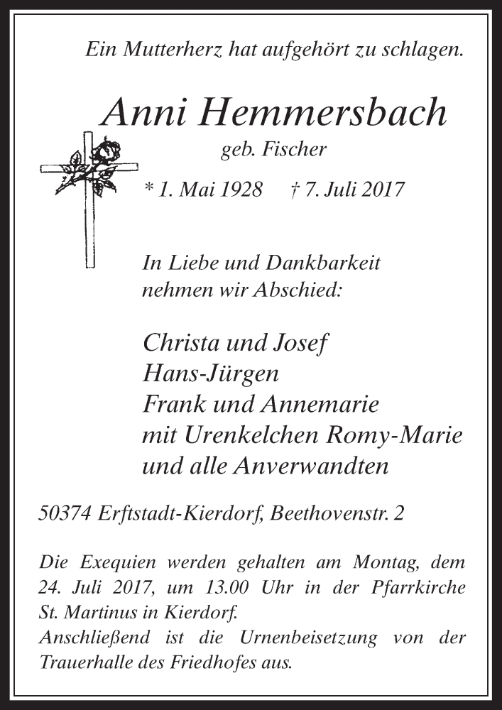  Traueranzeige für Anni Hemmersbach vom 19.07.2017 aus  Werbepost 