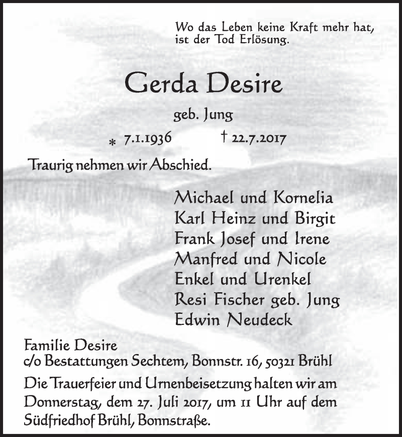  Traueranzeige für Gerda Desire vom 26.07.2017 aus  Schlossbote/Werbekurier 