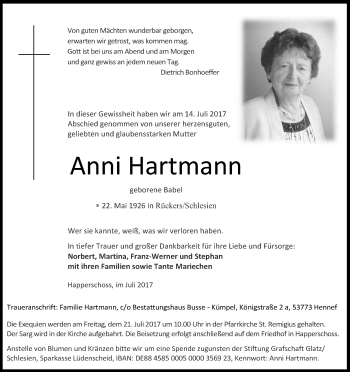 Anzeige von Anni Hartmann von Kölner Stadt-Anzeiger / Kölnische Rundschau / Express