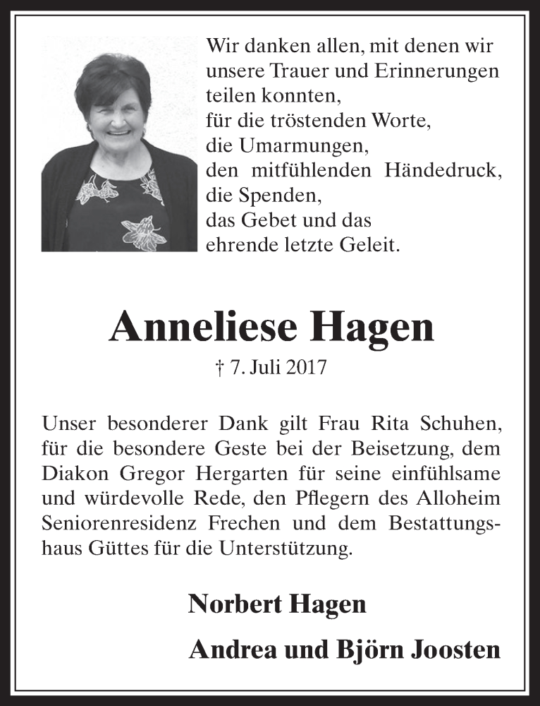  Traueranzeige für Anneliese Hagen vom 26.07.2017 aus  Wochenende 