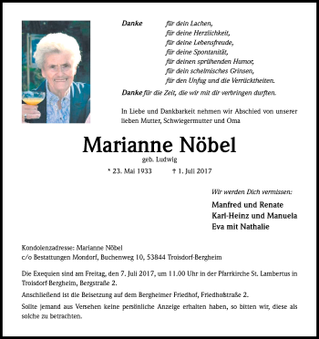 Anzeige von Marianne Nöbel von Kölner Stadt-Anzeiger / Kölnische Rundschau / Express