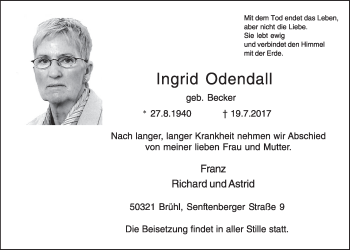 Anzeige von Ingrid Odendall von  Schlossbote/Werbekurier 
