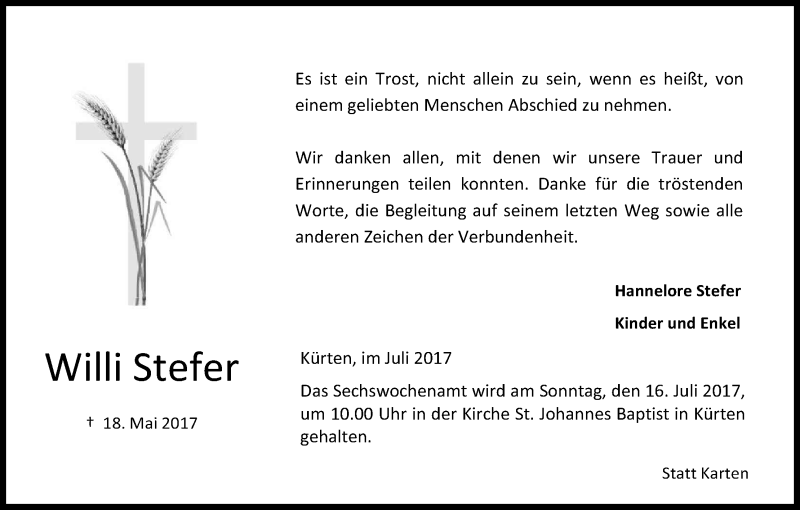  Traueranzeige für Willi Stefer vom 08.07.2017 aus Kölner Stadt-Anzeiger / Kölnische Rundschau / Express