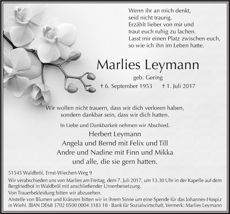  Traueranzeige für Marlies Leymann vom 05.07.2017 aus  Lokalanzeiger 