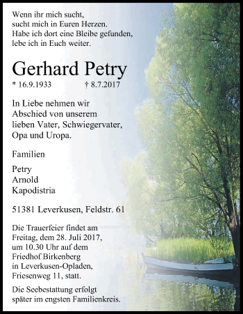 Anzeige von Gerhard Petry von Kölner Stadt-Anzeiger / Kölnische Rundschau / Express