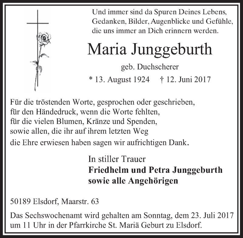  Traueranzeige für Maria Junggeburth vom 19.07.2017 aus  Werbepost 