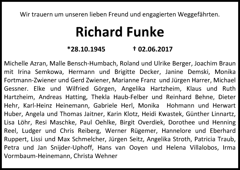  Traueranzeige für Richard Funke vom 08.07.2017 aus Kölner Stadt-Anzeiger / Kölnische Rundschau / Express