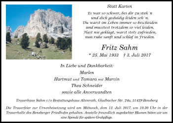 Anzeige von Fritz Sahm von Kölner Stadt-Anzeiger / Kölnische Rundschau / Express